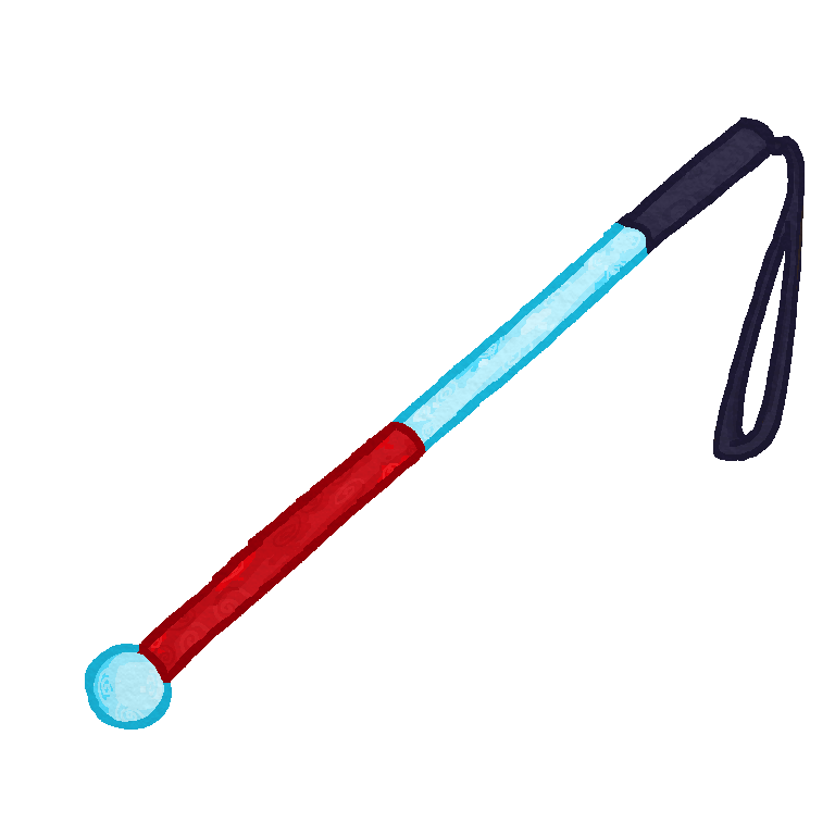 A drawing of a long white cane with a red band at the end and a dark gray handle at the top.